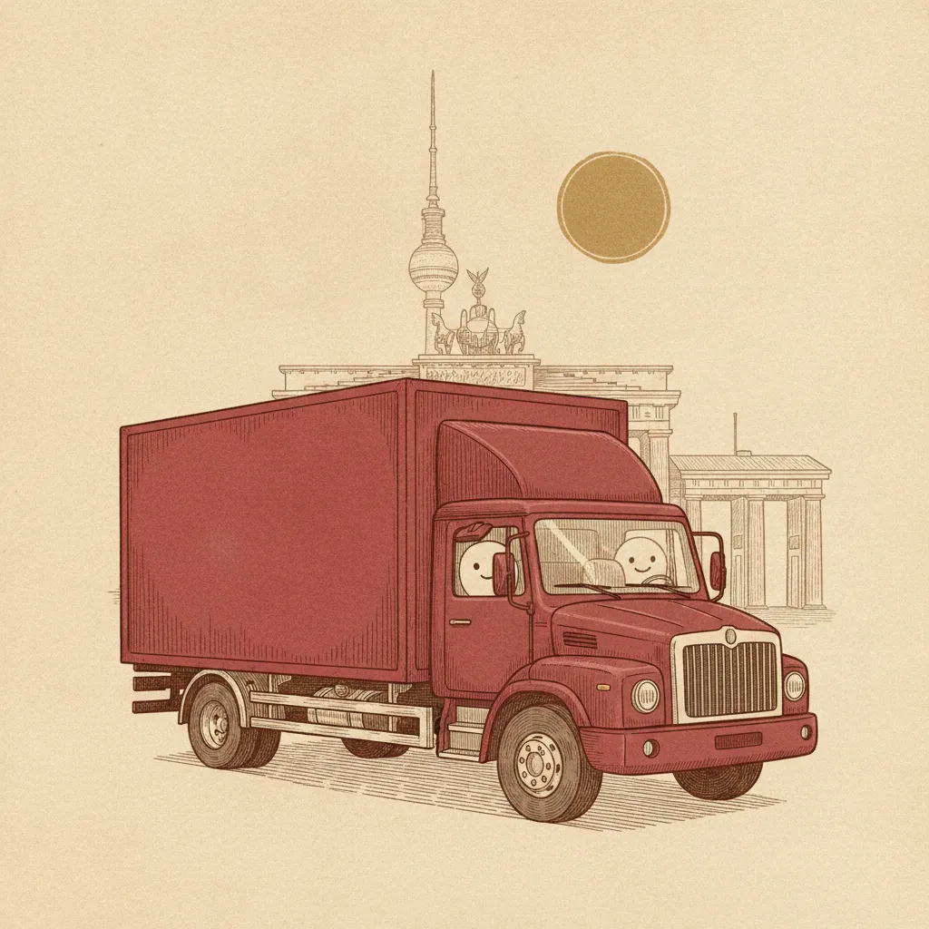 Illustration im Hanse-Kontor-Stil: Umzugstransporter erreicht Berlin – Umzug von Bremen nach Berlin