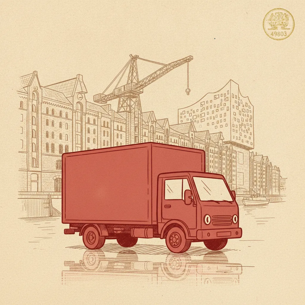Illustration im Hanse-Kontor-Stil: Umzugstransporter erreicht Hamburg – Umzug von Bremen nach Hamburg