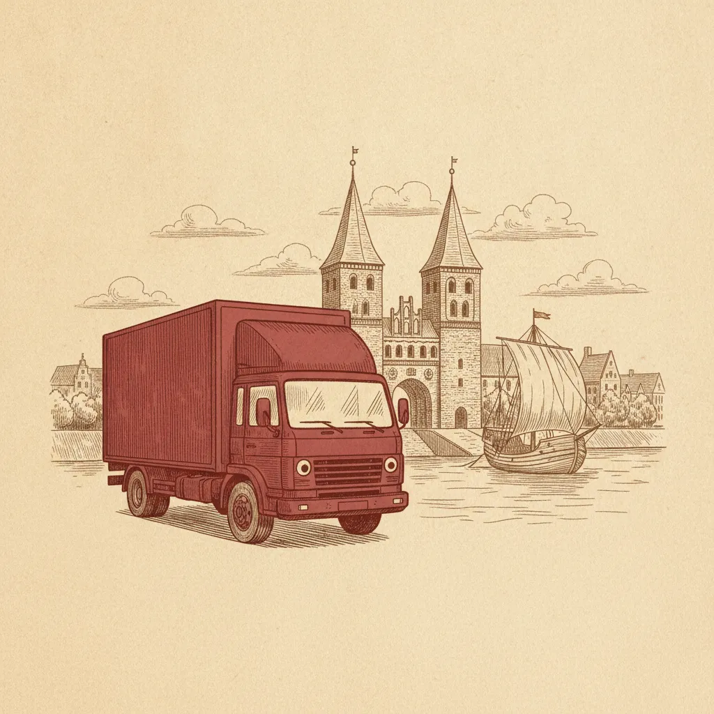 Illustration im Hanse-Kontor-Stil: Umzugstransporter erreicht Lübeck – Umzug von Bremen nach Lübeck
