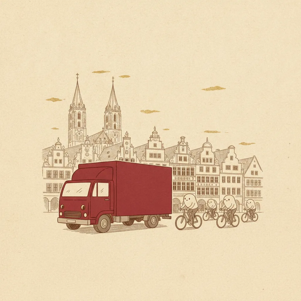 Illustration im Hanse-Kontor-Stil: Umzugstransporter erreicht Münster – Umzug von Bremen nach Münster